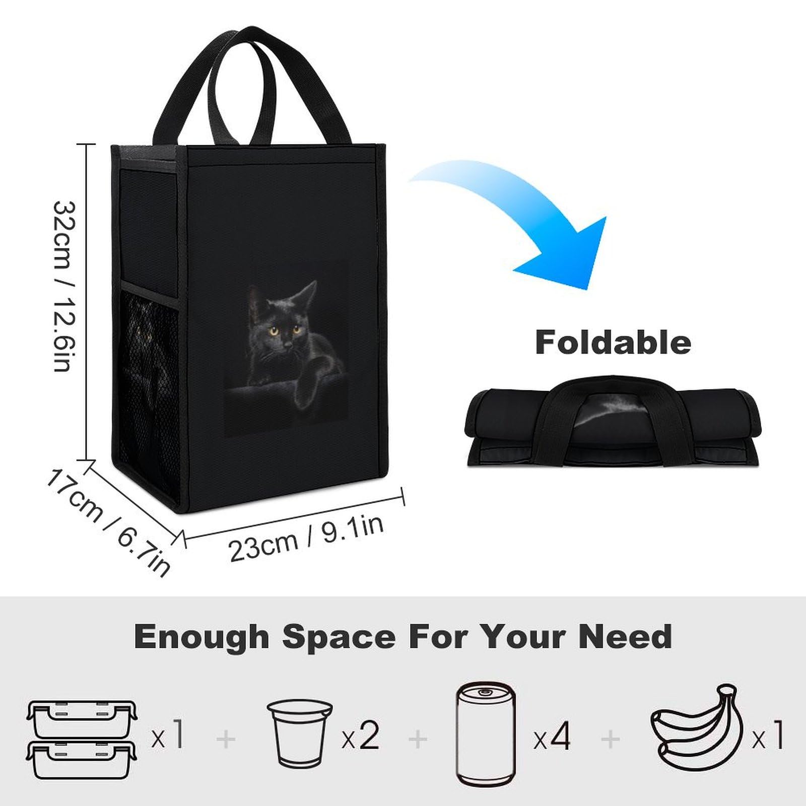 Amazon｜ランチバッグ 黒いネコ 猫柄 お弁当袋 保冷 保温 クーラー